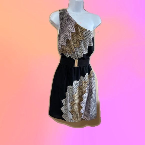 BCBG MAXAZRIA BLACK SPIDER WEB SUNBURST ONE SHOULDER BELTED SILK DRESS IN XS - Picture 1 of 9